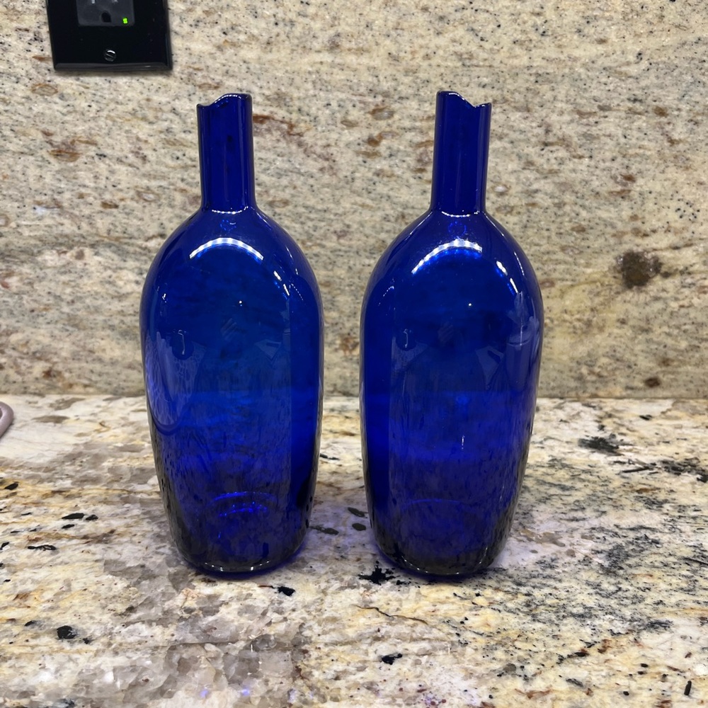 Cruet Set: Handblown Cobalt Blue Glass w/Pontils on Bottom